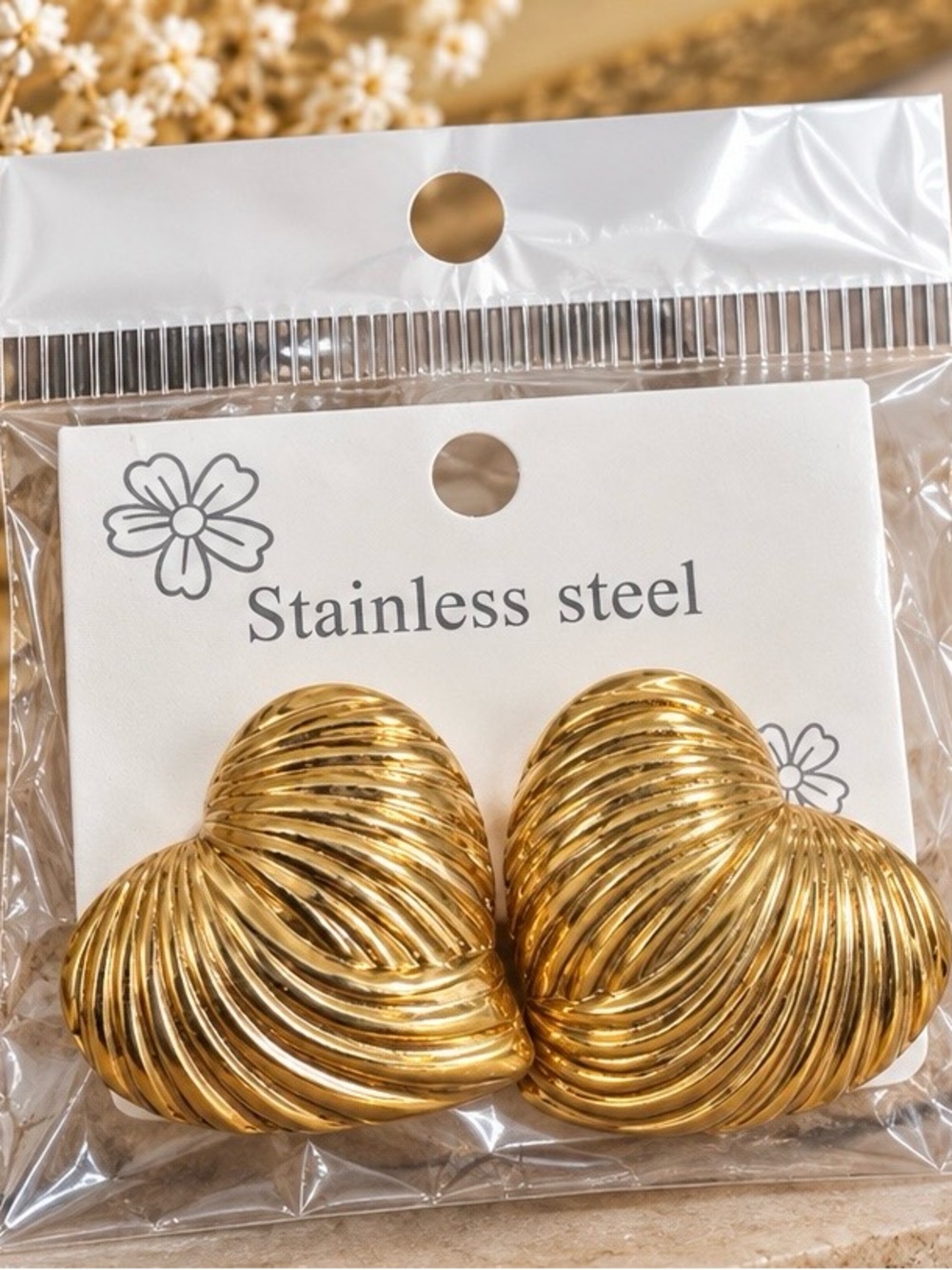 Gold Ribbed Heart Stainless Steel Earrings